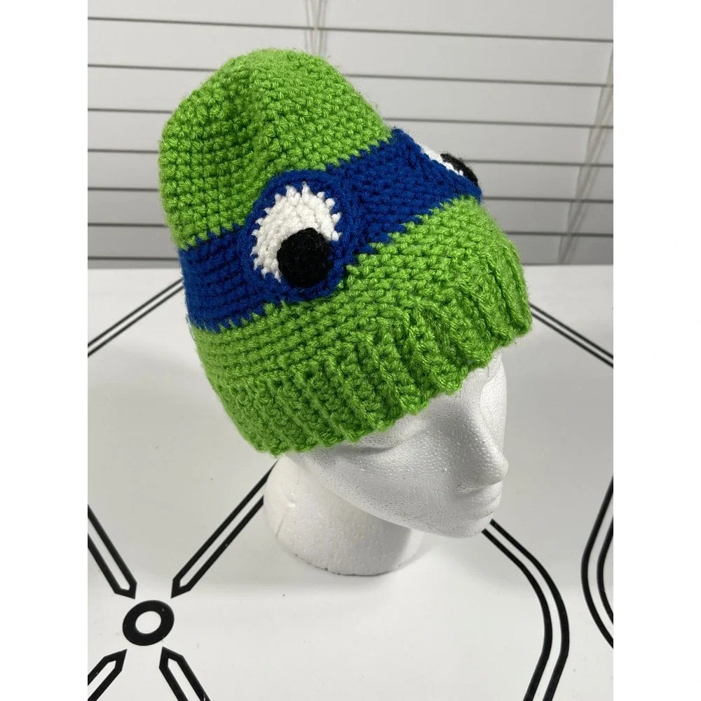 Kids Handmade Crochet Ninja Turtle Beanie‎ Hat Green Blue Eye Mask Cozy Winter